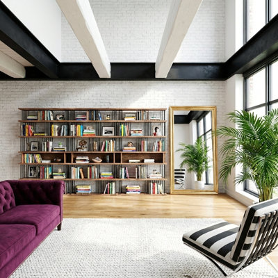 Bibliothèque de 141,73 po de largeur - grande unité de rangement ouverte avec tablettes en MDF et structure en acier, étagère de présentation autoportante