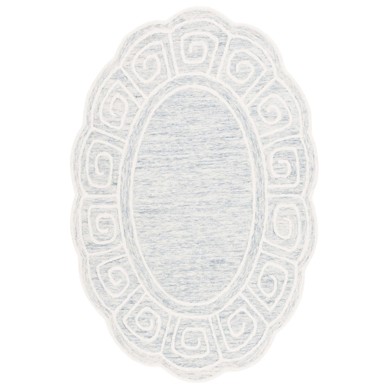 Novelty Rajashri Hand Tufted Wool/Cotton Geometric Rug in Light Gray/Ivory, Oval 3' x 5' 