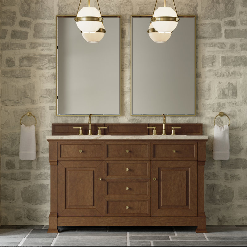 Meuble-lavabo double l 60 po Brookfield, À entraxe, Marfil éternel, Chêne miel