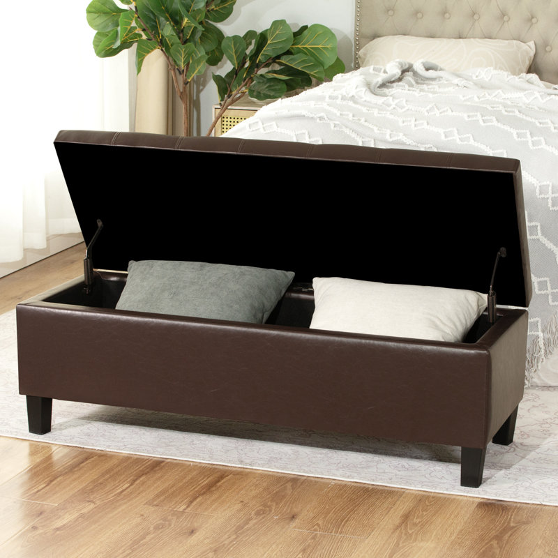 45" Tufted Faux Leather Storage Bench Ottoman For Living Room, Brown