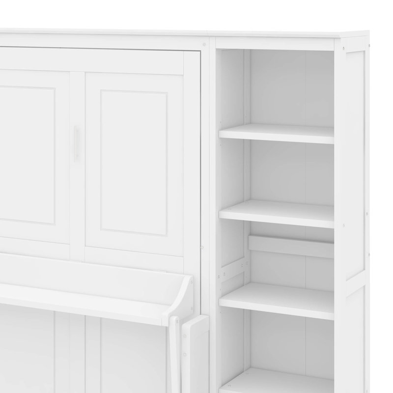 Grand lit escamotable avec bureau et bibliothèque, Blanc, Grand