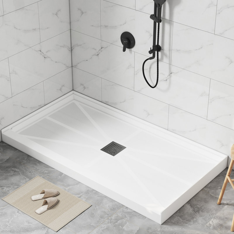 48/60"W x 32/36"D Multiple Sizes Single Threshold SMC Shower Pan Base with Drain Assembly, Non-Slip, Right