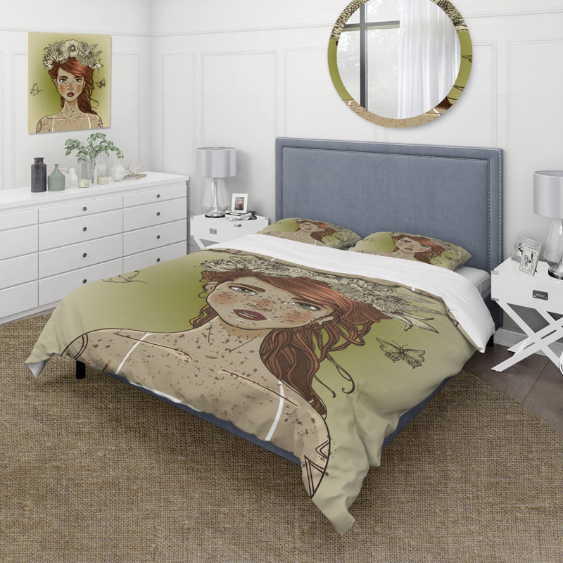 Jeune belle femme avec guirlande de fleurs - ensemble de housse de couette moderne - microfibre de polyester