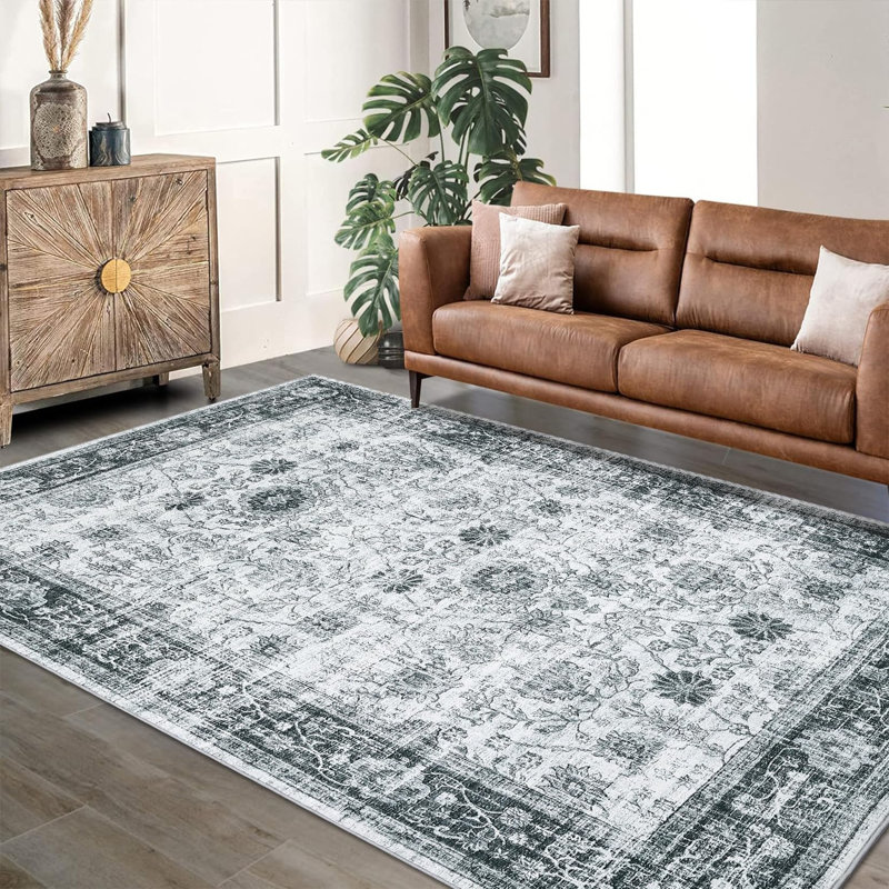 Area Rug Washable Vintage Floral Non Slip Rugs Rubber Backed Bedroom Rugs for Laundry Room Grey 5*7ft, Gray