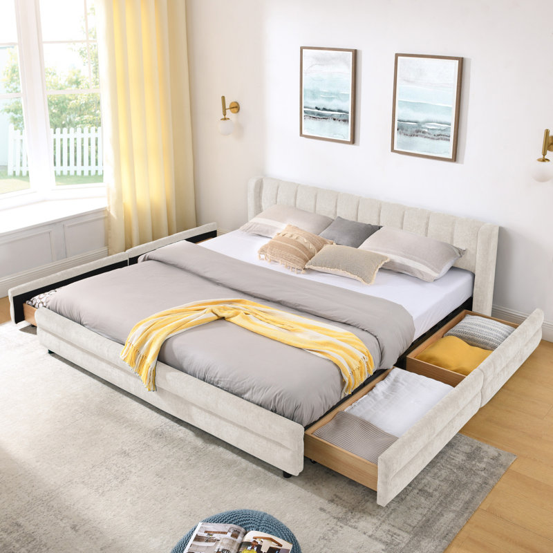 Très grande base de lit tapissier avec tiroir pour le rangement, Beige, Très grand lit