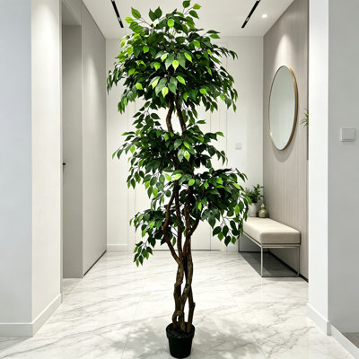 Handmade 6.5-Foot 3-Tier Ficus Artificial Tree with Ethically Sourced Real Wood Trunks, Hypoallergenic, Lifelike Greenery for Home or Office Decor