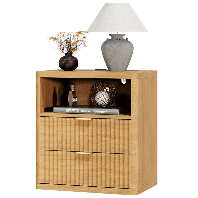 Valerica 2-Drawer Fluted Nightsatnd with Charging Station, Natural