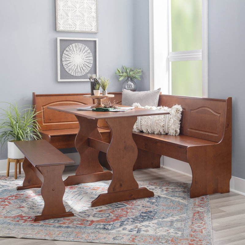 Jiles 5 Person Corner Solid Pine Breakfast Nook with Hidden Storage, Walnut