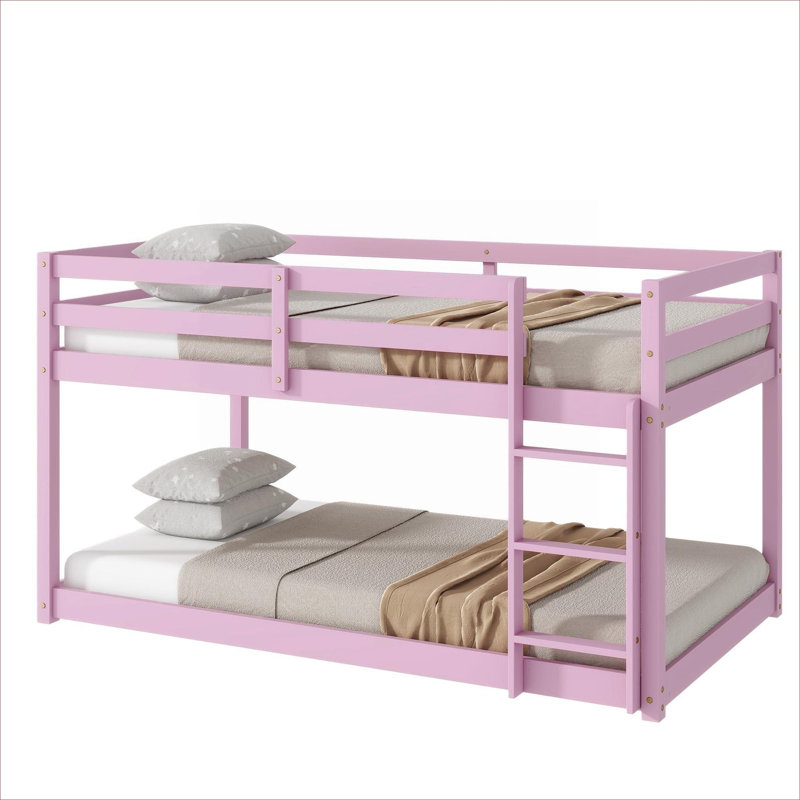 Pink finish twin over twin floor bunk bed, solid rubber wood construction with strengthened slat bed platform and wide climbing ladder, for bedroom use