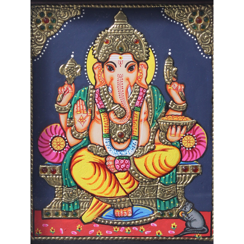 Chaturbhuja, seigneur Ganesha assis sur un trône | Peinture de Tanjore avec cadre en bois de teck