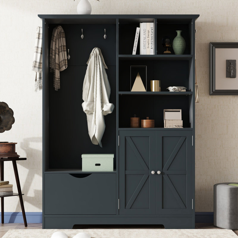 Portemanteau multifonctionnel avec tablettes et tiroirs de rangement, armoire à chaussures élégante avec banc, portemanteau moderne avec crochets pour les entrées de couloir,