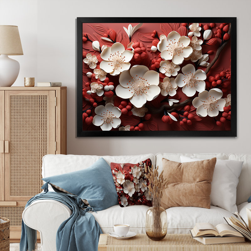 Orchidées blanches et rouges IV - Art mural floral abstrait, H 12 po x l 20 po x P 1 po, Cadre d'angle fermé noir