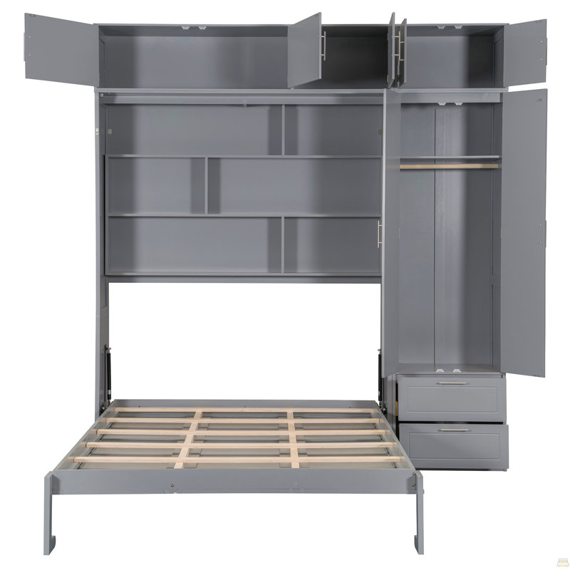 Grand lit escamotable mural avec armoire supérieure, Gris