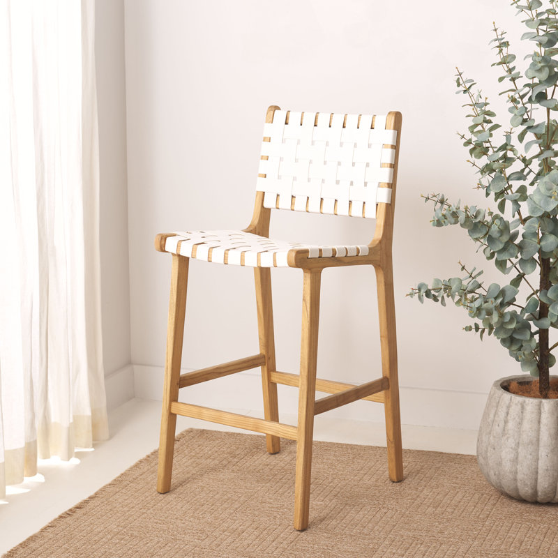 Tabouret Alston, Tabouret de comptoir (siège d'une hauteur de 27,1, Cuir blanc / cadre naturel