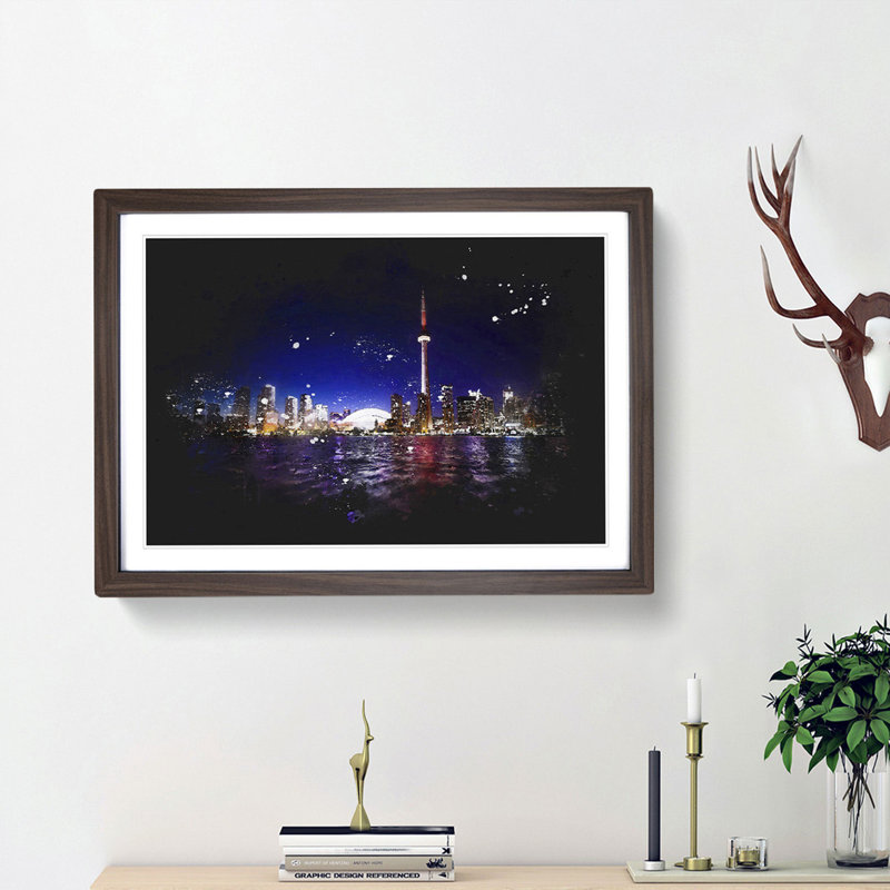 Toronto Skyline in Canada - Picture Frame Graphic Art Print, 45cm H x 63cm W x 2cm D, Walnut Framed