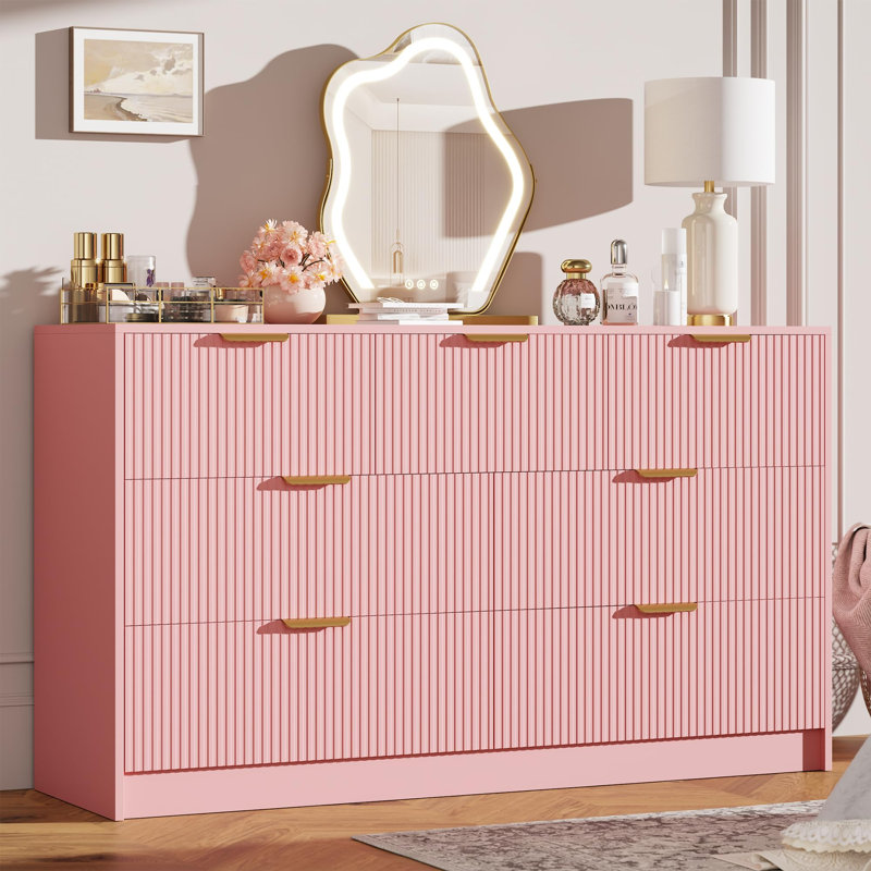 Pink 54" Wide Fluted 7-Drawer Dresser – Double Chest with Gold Handles, Large TV Stand & Versatile Storage for Living Room, Bedroom, Hallway