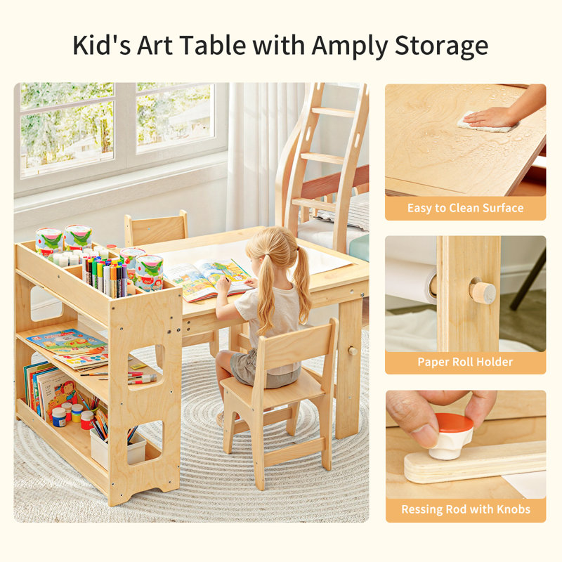 Table et chaises pour enfants - Table d'activités pour tout-petits et 2 chaises avec meuble de rangement, bureau en bois avec rouleau de papier, cadeau pour garçons et filles