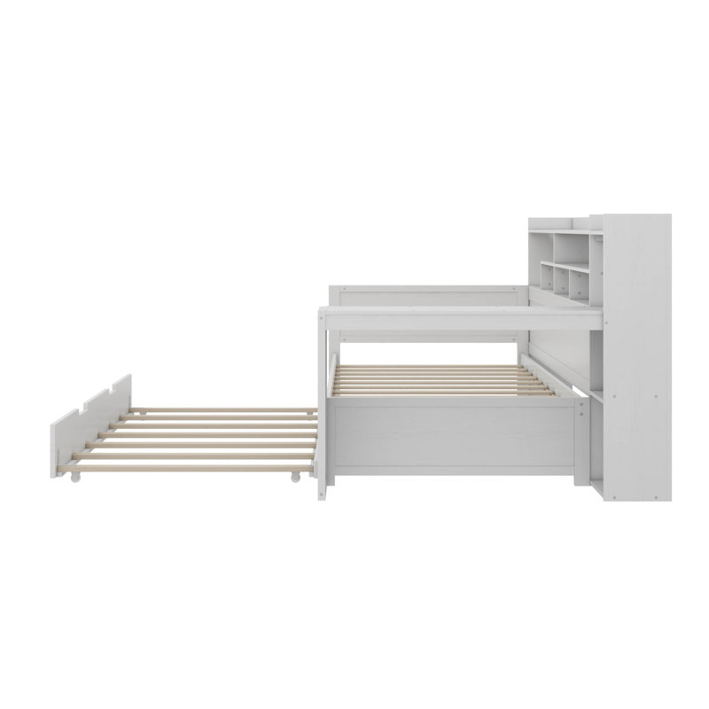Wooden Twin-Size Daybed With Integrated Storage Shelves, Twin Trundle And Built-In Study Desk, Twin, Antique White