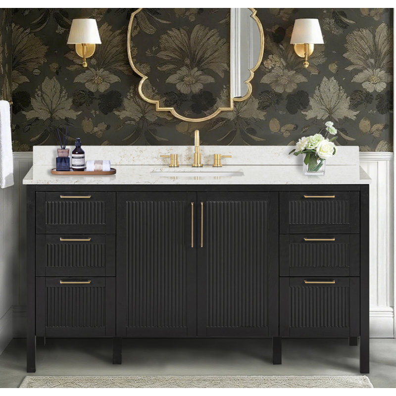 Luka 60 in. Single Sink Bathroom Vanity in Black Oak with Top, 61", Alluring Quartz