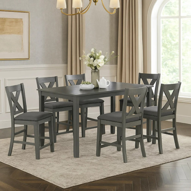 Carla 7Pc Counter-Height Dining Table And 6 Chairs Set, Gray Wood, 36" H x 60" W x 36" D