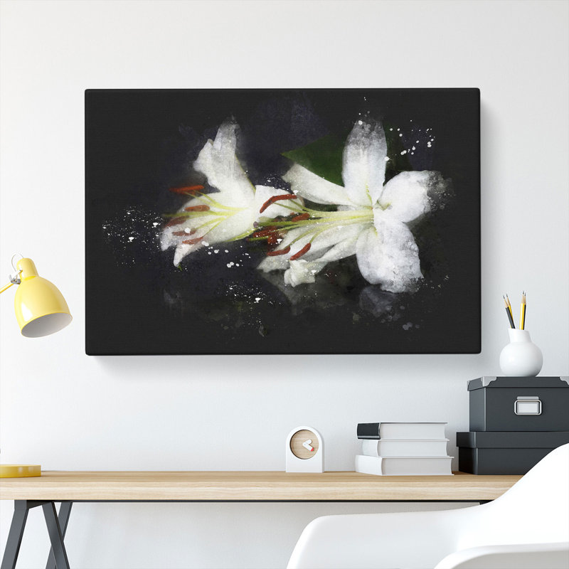 White Lily Flowers Paint Splash - Wrapped Canvas, 60cm H x 91cm W x 3cm D