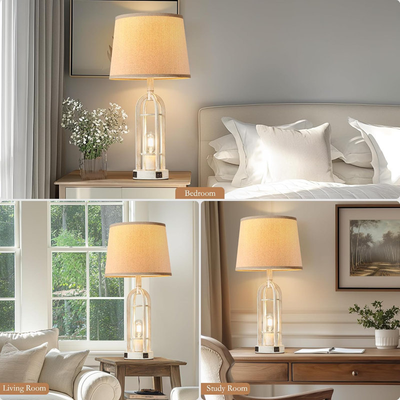 Bronze Industrial Farmhouse Bedside Lamps with Linen Shade, Set of 2