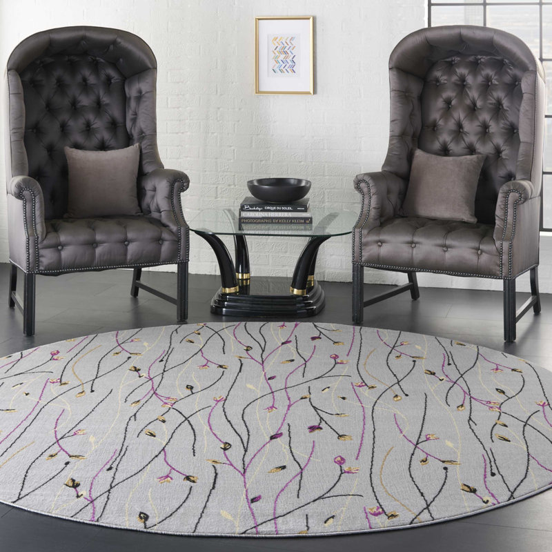 Aratrika Floral Gray Area Rug, Round 5'3"