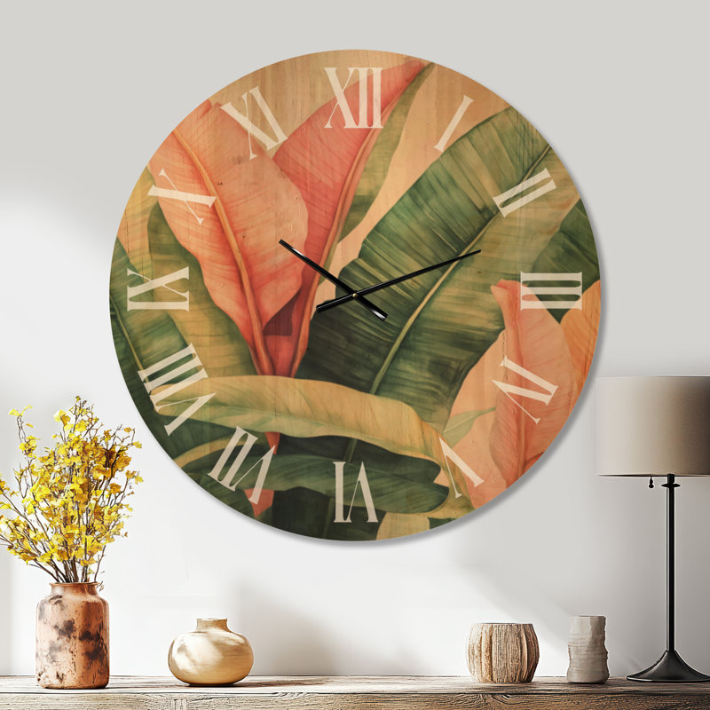 Jardin tropical de feuilles de bananier I - Horloge murale botanique verte, impression sur bois, Très grand