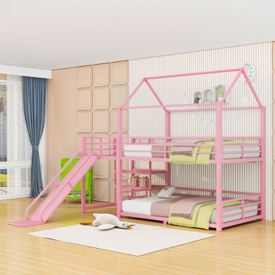 House-Shaped Multi-Functional Metal Bunk Bed with Built-in Stair Storage and Slide
