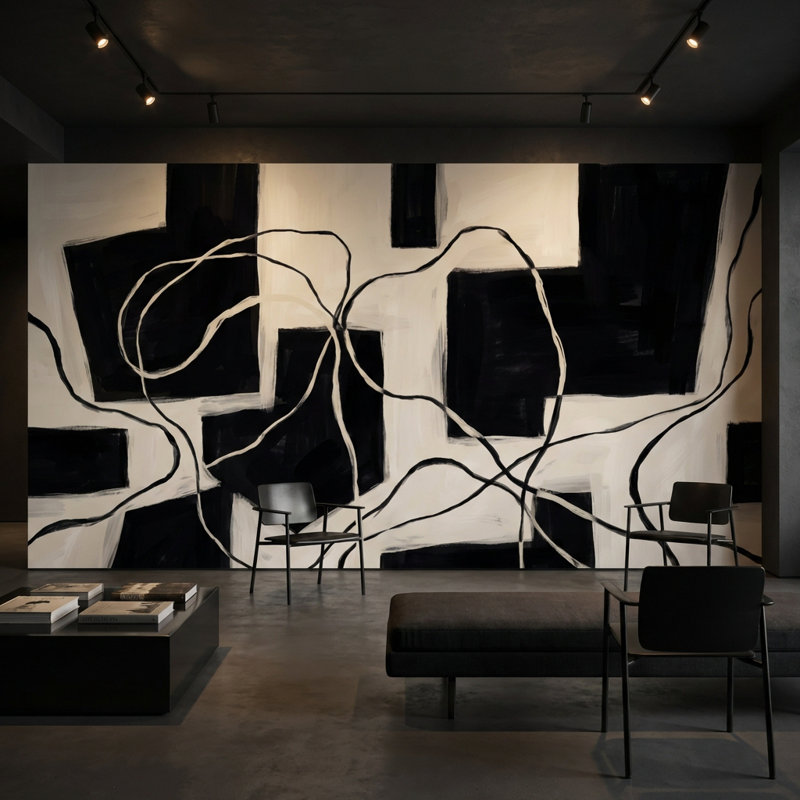 Papier peint géométrique noir minimaliste, Non-Woven Nonpasted, 200"x120"