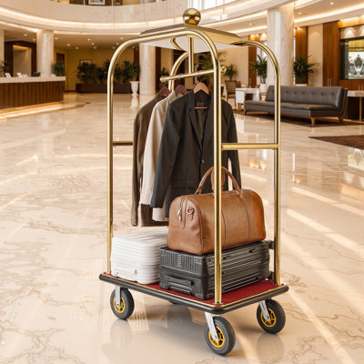 Chariot à bagages pour hôtel, chariot Bellman robuste de 1 200 lb avec structure en acier inoxydable, roues en caoutchouc de 8 po, plateforme rouge, chariot à bagages commercial pour hôtels, complexes hôteliers, or