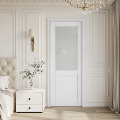 32" x 80" Half-Lite Tempered Frosted Glass Interior Slab Door, White Primed Paint‑Ready Interior Slab Door, w/o Hardware, for Bedroom, Closet, Hallway, Living Room, Pantry & Bathroom, Ideal for Prehung, Barn, Pocket, French & Bifold Door