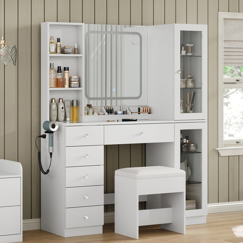 Dressing Table with LED Mirror, 6 Drawers, 2 Cabinets and 3 Open Shelves, Power Outlet, Glass Top, White