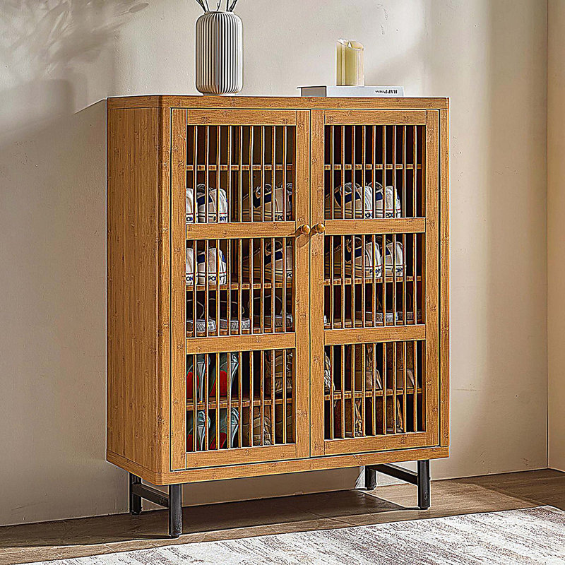 Shoe Cabinet with Shutter Doors, 6-Tier Entryway Shoe Cabinet with Adjustable Shelves, Wooden Modern Rack Organizer, Natural