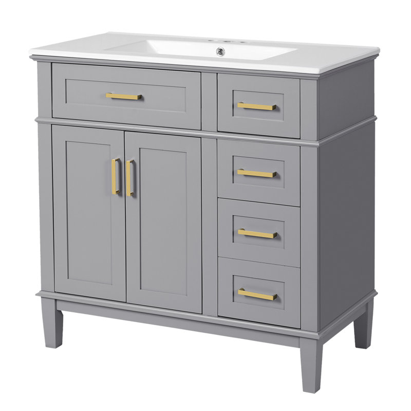 De salle de bain moderne gris avec portes à fermeture en douceur et lavabo en céramique, solution de rangement compacte pour les petites salles de bain