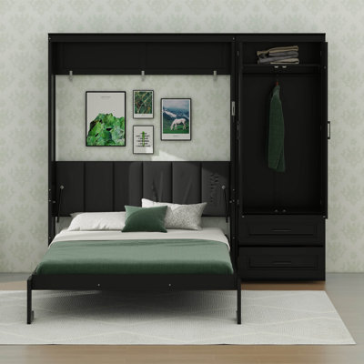 Lit escamotable Farmhouse multifonctionnel avec garde-robe et tiroirs, lit plateforme pliable grand format