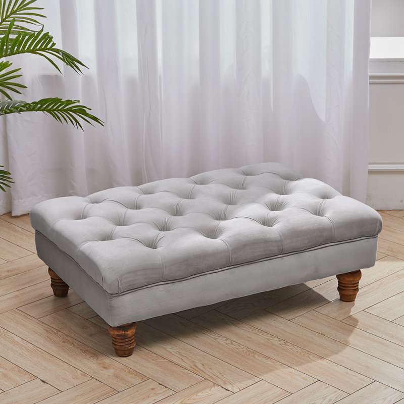 Forestburgh 90Cm Wide Velvet Tufted Rectangle Footstool Ottoman with Gourd-shaped Legs, Grey