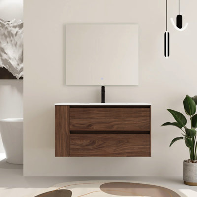Modern 36” Wall Mount Bathroom Vanity With Ceramic Sink Soft-Close Drawers