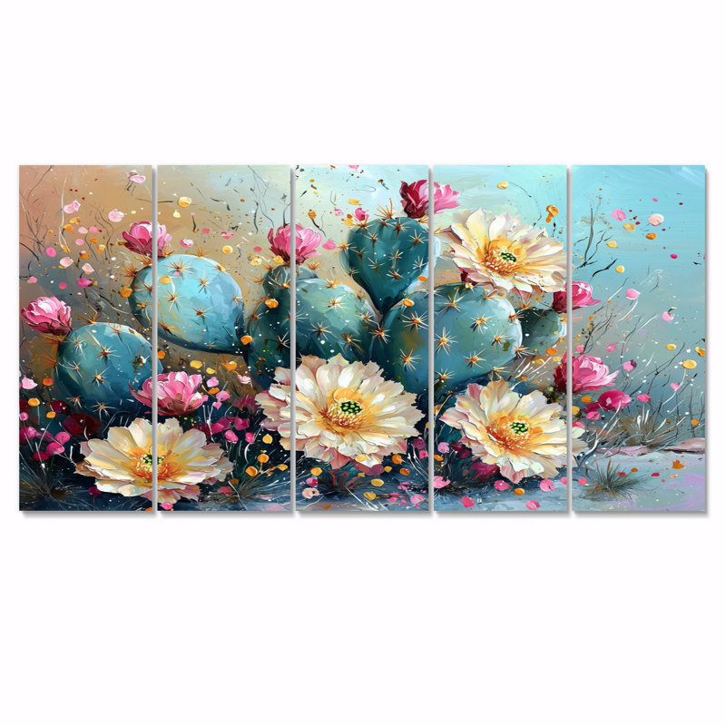 Cactus jaune, vert, beauté - art mural floral cactus - ensemble d'art mural traditionnel, H 28 po x l 60 po, 5