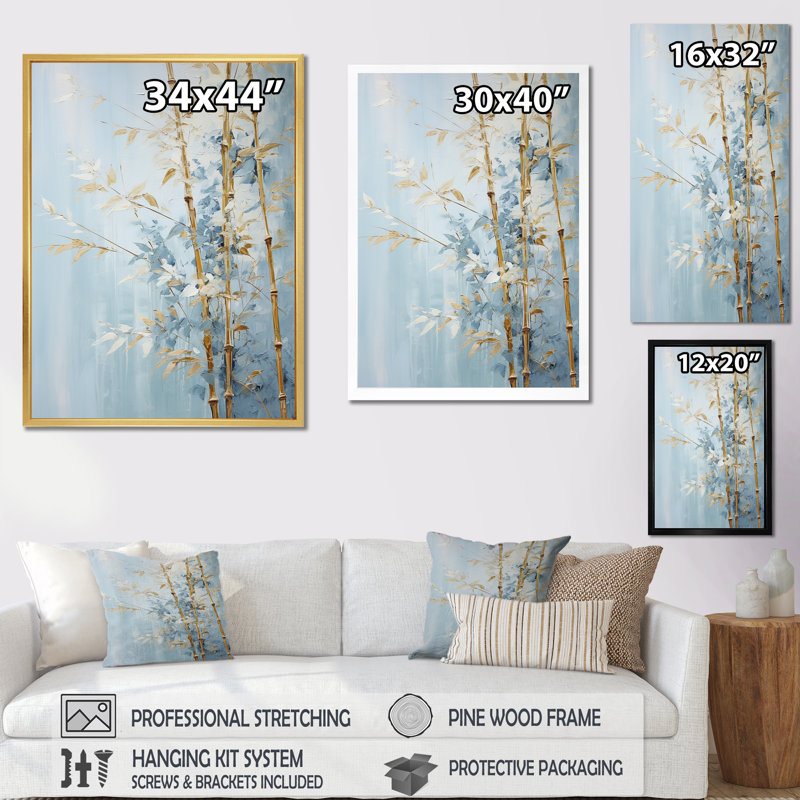 Or et bambou bleu sur toile, H 40 po x l 30 po x P 1,5 po, Encadrement doré