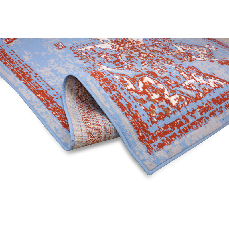 Tapis oriental bleu clair / rouge, Rectangle 3 pi 6 po x 5 pi 6 po