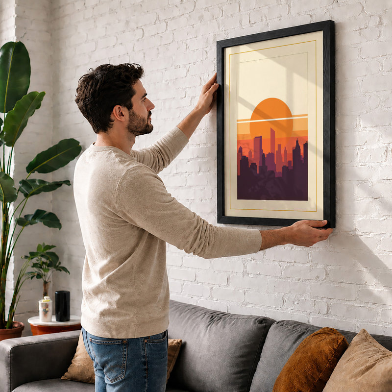 Cityscape at Sunset Retro - Framed Print, A2 - 59.4 x 42.0 cm, White