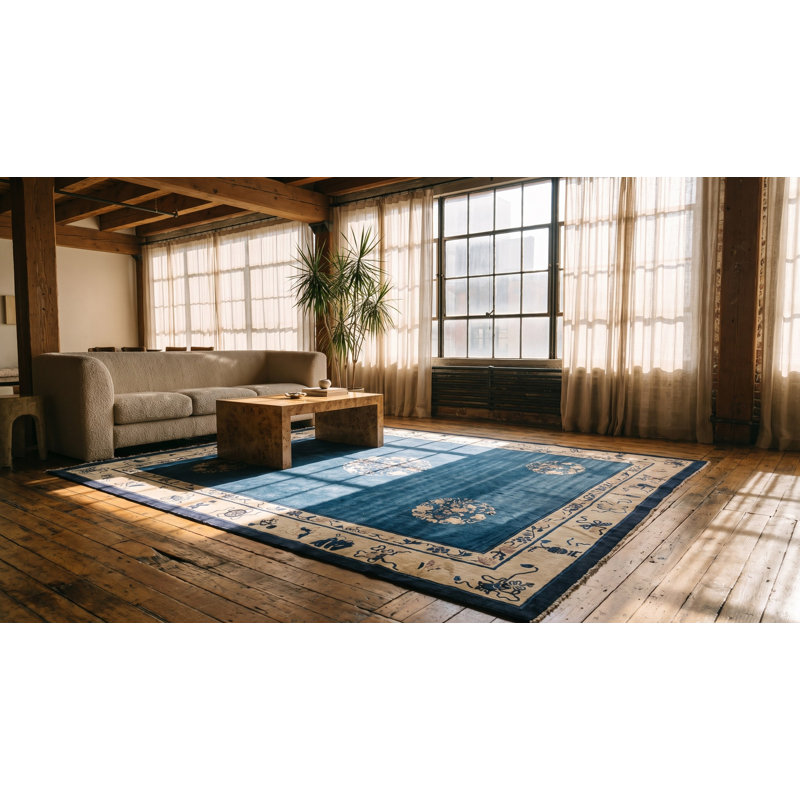Antique Hand Knotted Pile Wool Blue 1900s Rectangle Rug