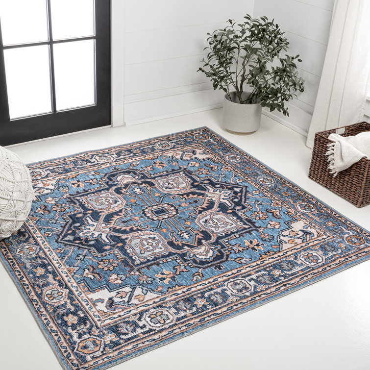 Huddleston Ornate Large Medallion Machine-Washable Blue/Beige Rug