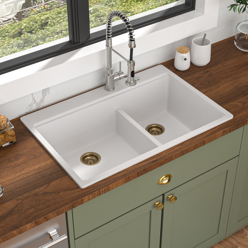 Quartz 33"L x 22"W Quartz Workstation Kitchen Sink Drop In Double Bowl Granite Composite Kitchen Sink with Cutting Board,Roll-up Rack