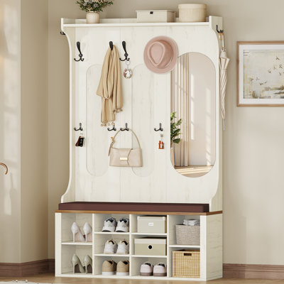 Portemanteau avec banc, portemanteau d'entrée avec rangement pour chaussures et miroir, banc de vestibule 5-en-1 avec 10 crochets et 8 casiers de rangement, meubles d'entrée pour vestibule, vestibule, blanc rustique