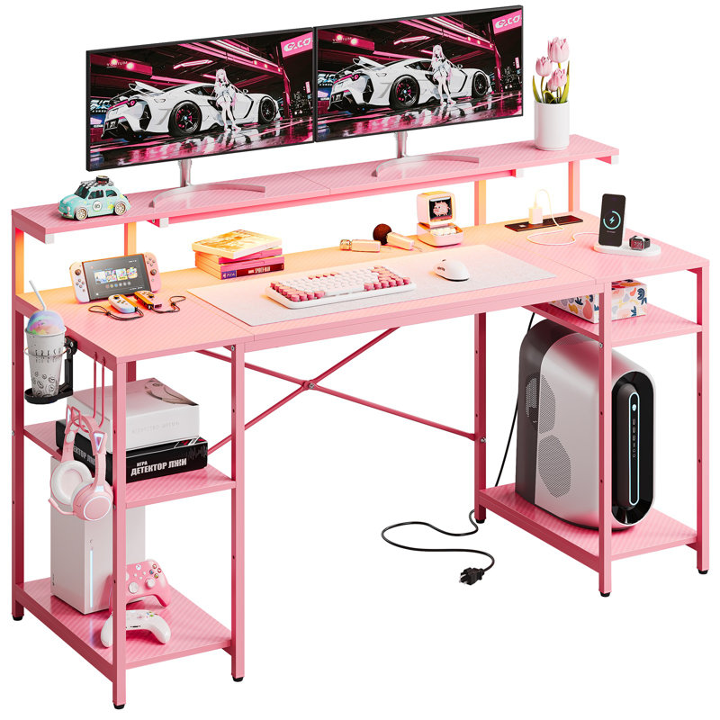 Bureau de jeu avec support pour écran et prises de courant, Rose