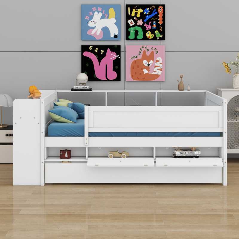 Lit de jour avec tiroirs et lit gigogne, tablettes et tables, station de charge USB, Blanc
