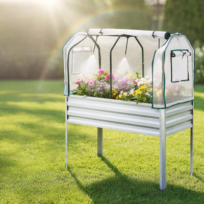 48 x 24 x 55 Inches Outdoor Patio Backyard Garden Raised Bed Elevated Planter Box with Protective Insect Net and Sprayer for Vegetables Flowers Herbs Galvanized Steel Elevated Planter, Silver