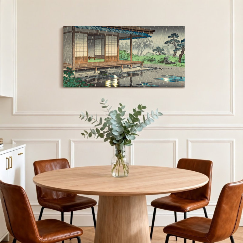 Paysage et nature maison japonaise traditionnelle scène de jour de pluie, H 28 po x l 58 po